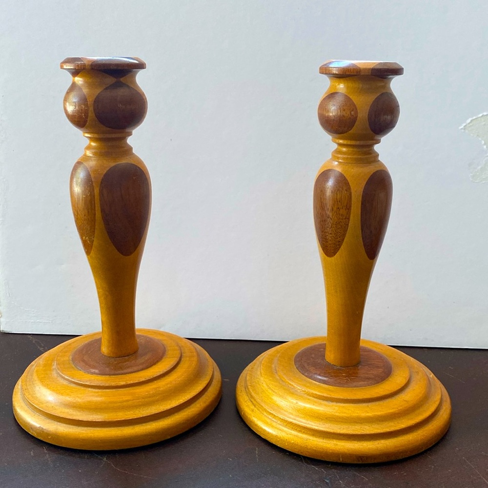 Midcentury wood candle holders.